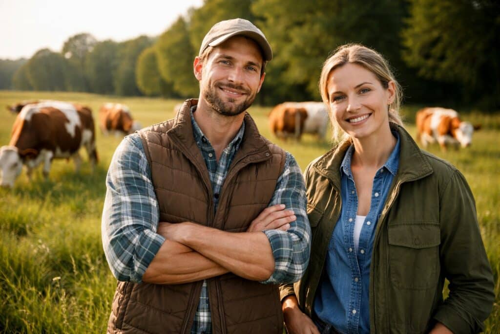 Paysage pastoral avec des fermiers et des vaches paissant dans un champ, illustrant l'élevage bovin nourri à l'herbe.